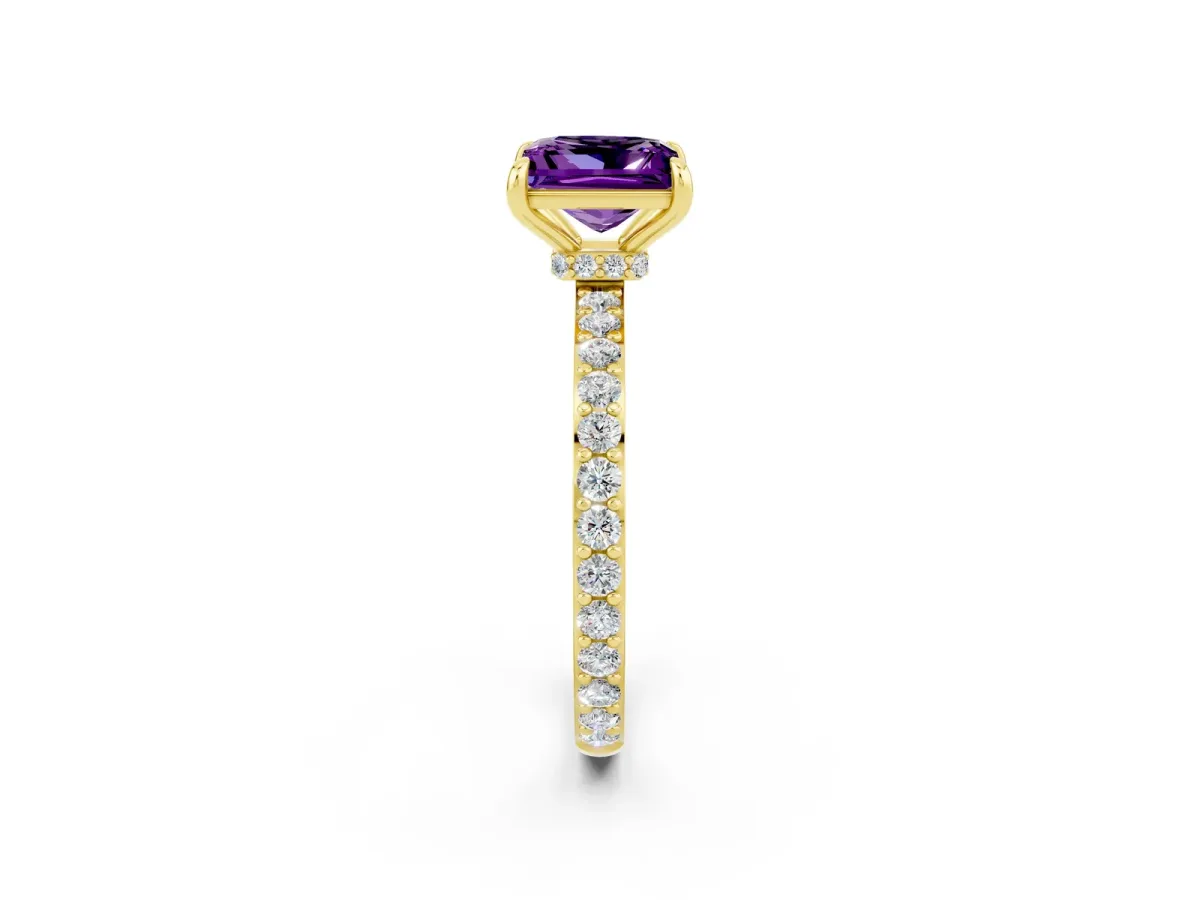 Princess Cut Amethyst Solitaire Engagement Ring with Pavé Band and Four-Prong Setting Yellow gold