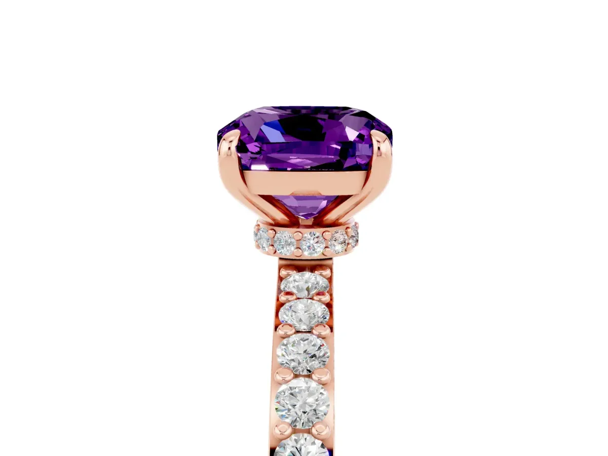 Cushion Cut Amethyst Solitaire Engagement Ring with Pavé Band and Four-Prong Setting Rose gold