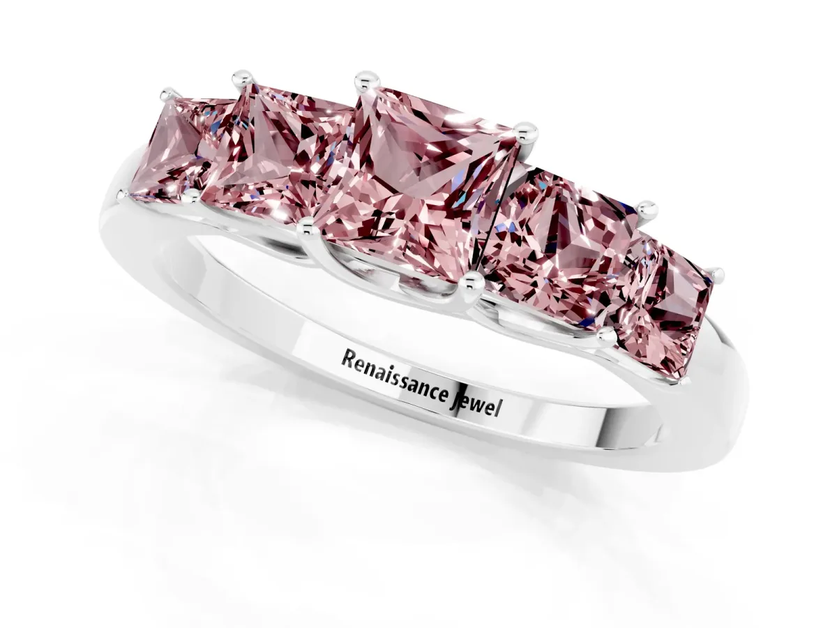 Princess Cut Five-Stone Morganite Ring with Classic Prong Setting Platinum