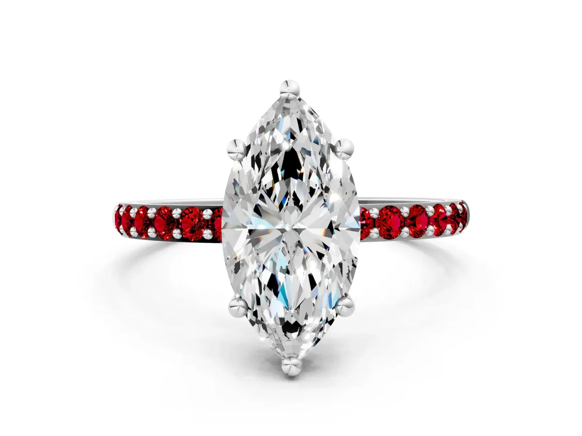Marquise Cut Diamond Solitaire Ring with Round Ruby Pavé Band and Prong Setting Silver