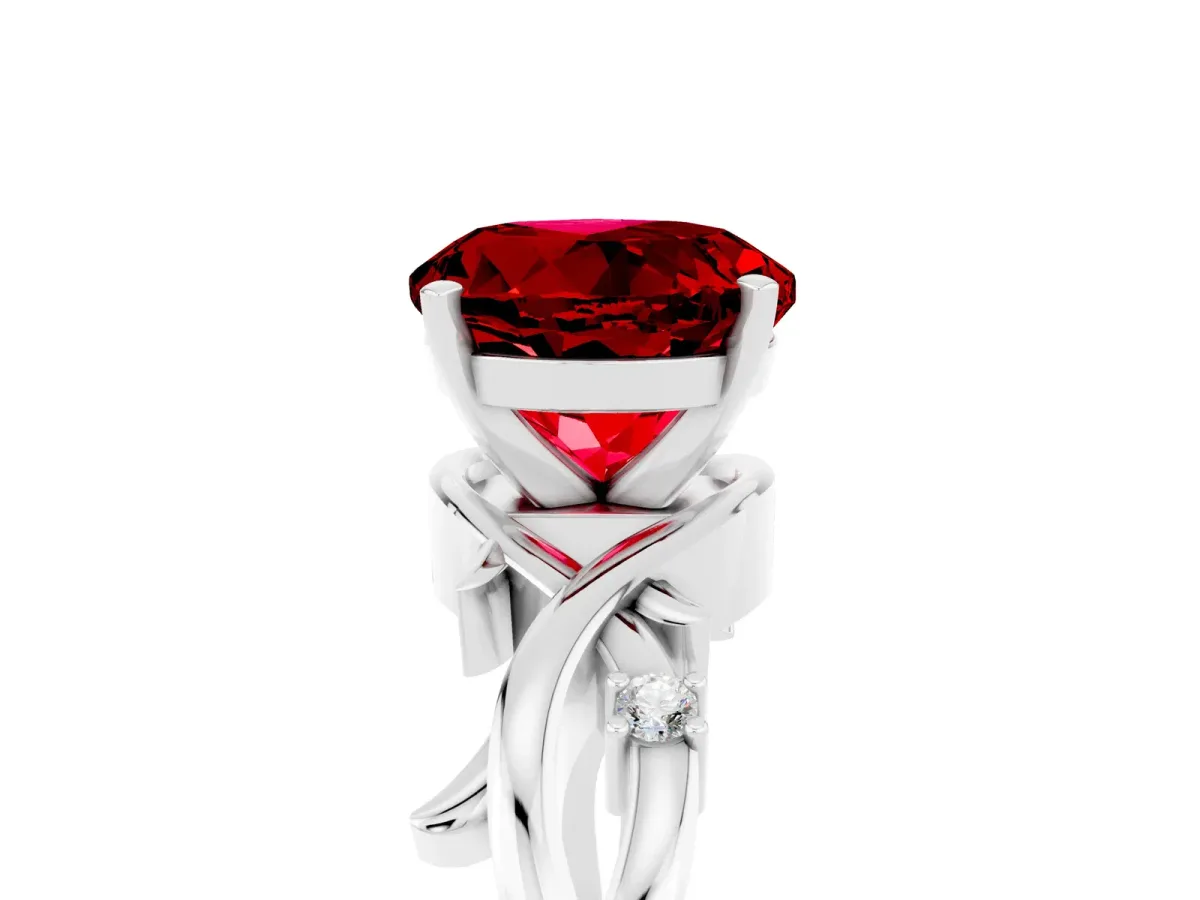 Round Cut Ruby Solitaire Ring with Twisted Band and Prong Setting Platinum