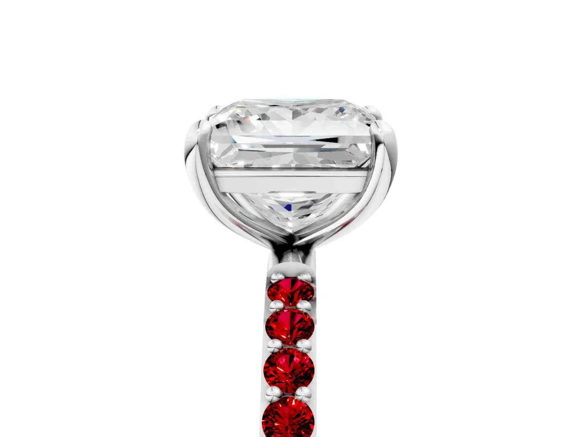 Princess Cut Diamond Solitaire Ring with Round Ruby Pavé Band and Prong Setting Platinum