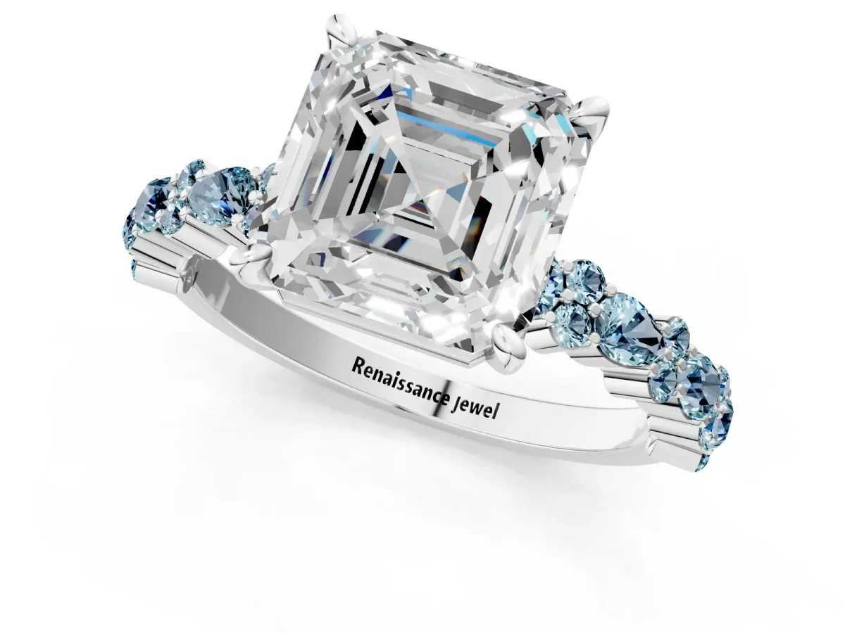 Asscher Cut Diamond Side Stone Solitaire Ring with Round Aquamarine and Four-Prong Setting Platinum