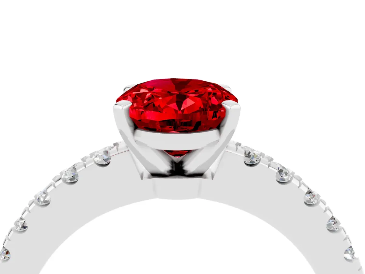 Oval Cut Solitaire Ruby with Pavé Band and Four-Prong Setting White gold