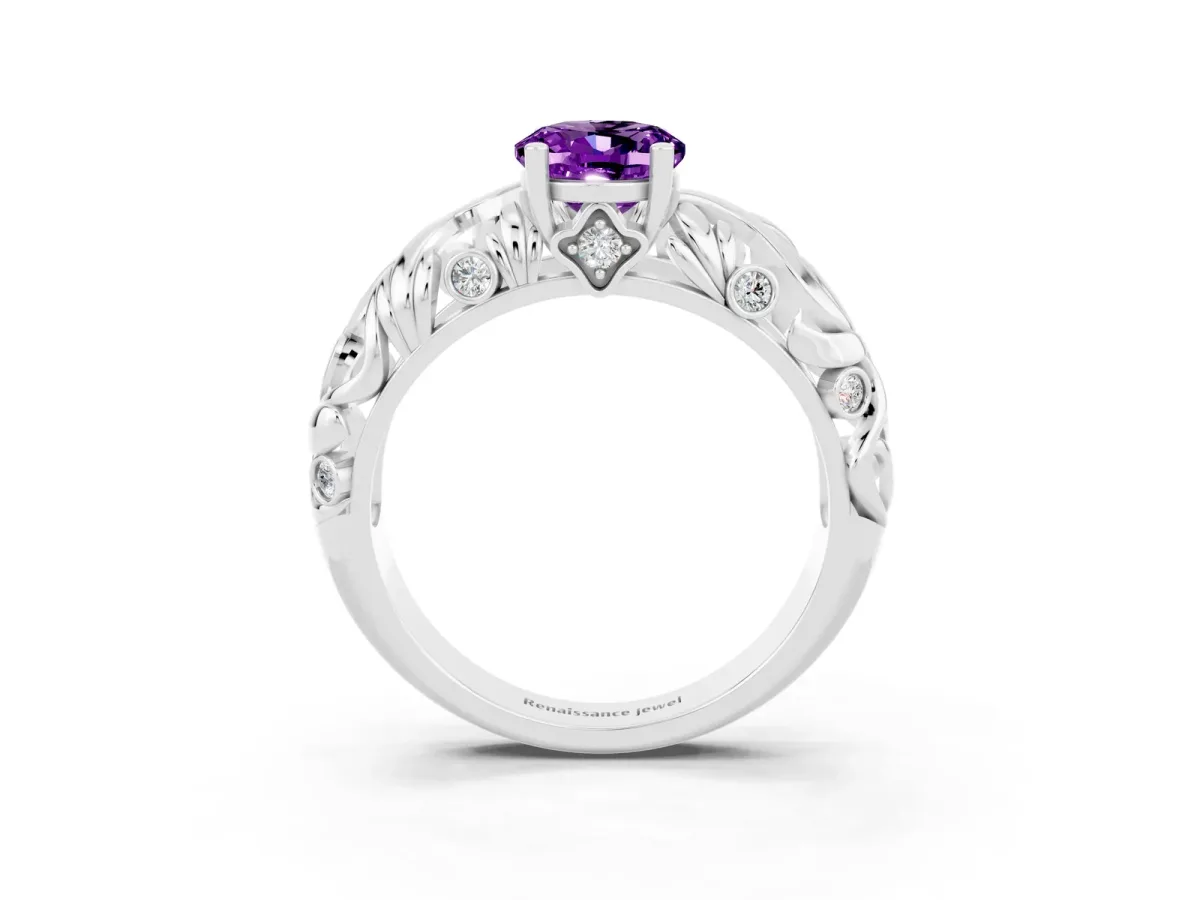 Oval Cut Solitaire Amethyst Leaf-Inspired Vine Band Ring with Prong Setting White gold