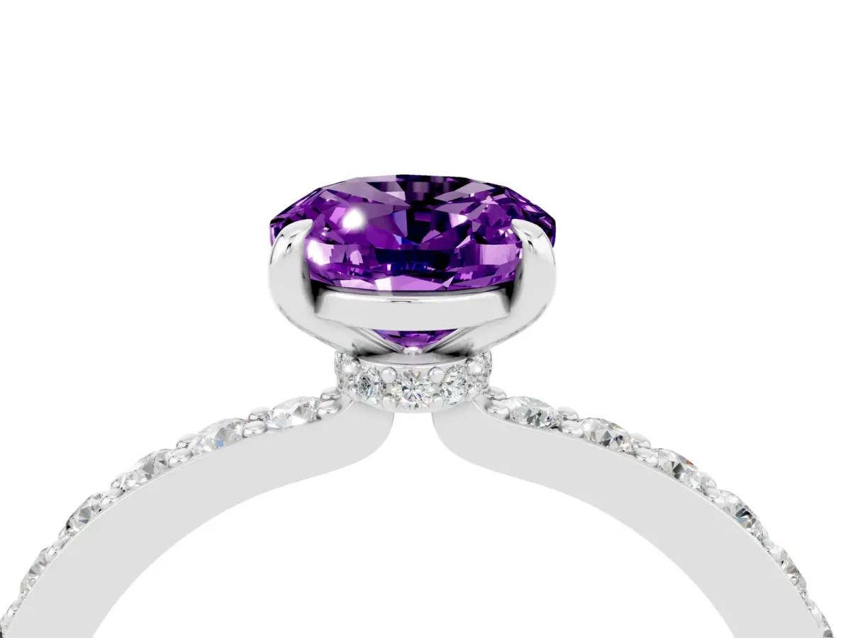 Oval Cut Amethyst Solitaire Engagement Ring with Pavé Band and Four-Prong Setting Platinum