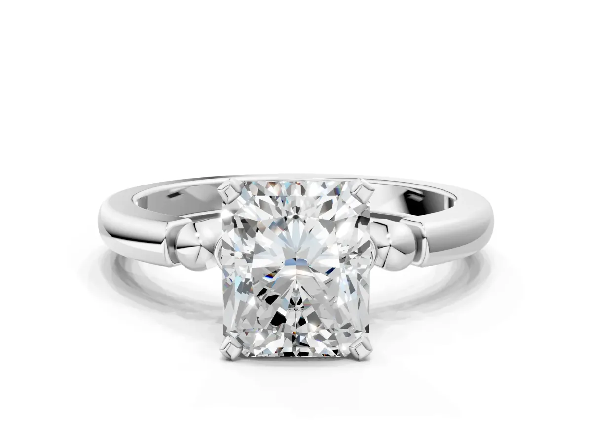 Radiant Cut Solitaire Beaded Band with Four-Prong Setting Platinum