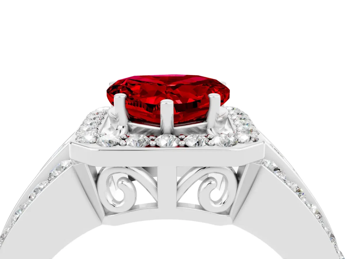 Heart Cut Halo Ruby Ring with Round Split Shank and Prong Setting White gold
