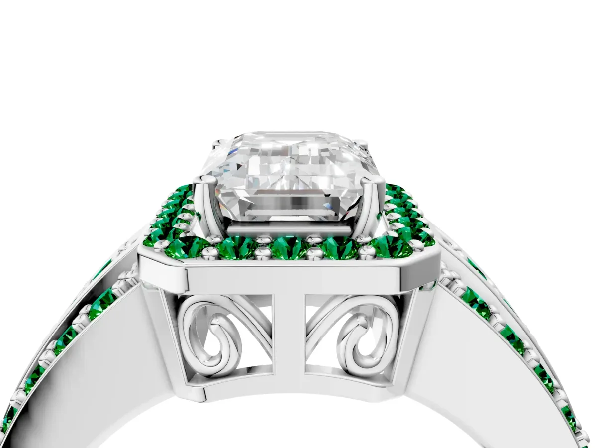 Emerald Cut Halo Diamond Ring with Round Emerald Split Shank and Prong Setting Platinum
