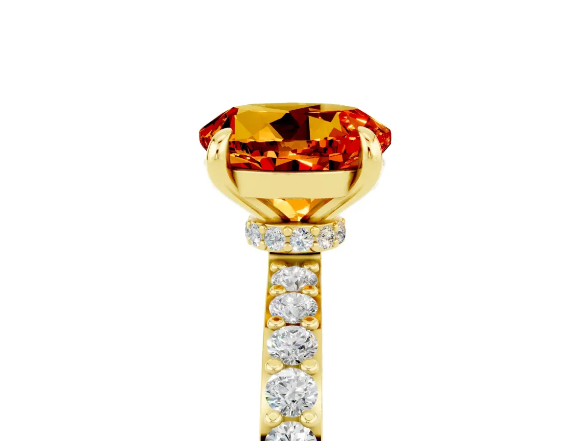 Round Cut Citrine Solitaire Engagement Ring with Pavé Band and Four-Prong Setting Yellow gold