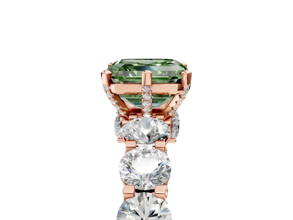 Fancy Green Asscher Cut Diamond Side Stone Engagement Ring with Four-Prong Setting Rose gold