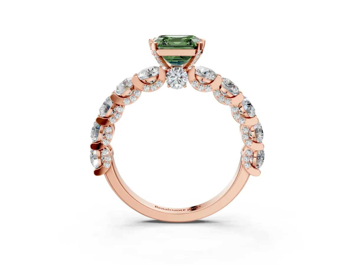 Fancy Green Asscher Cut Diamond Side Stone Engagement Ring with Four-Prong Setting Rose gold