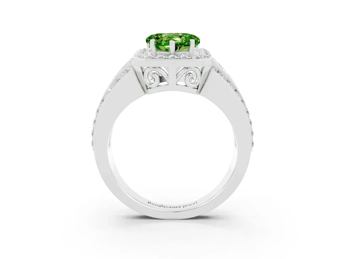 Heart Cut Halo Peridot Ring with Round Split Shank and Prong Setting Silver