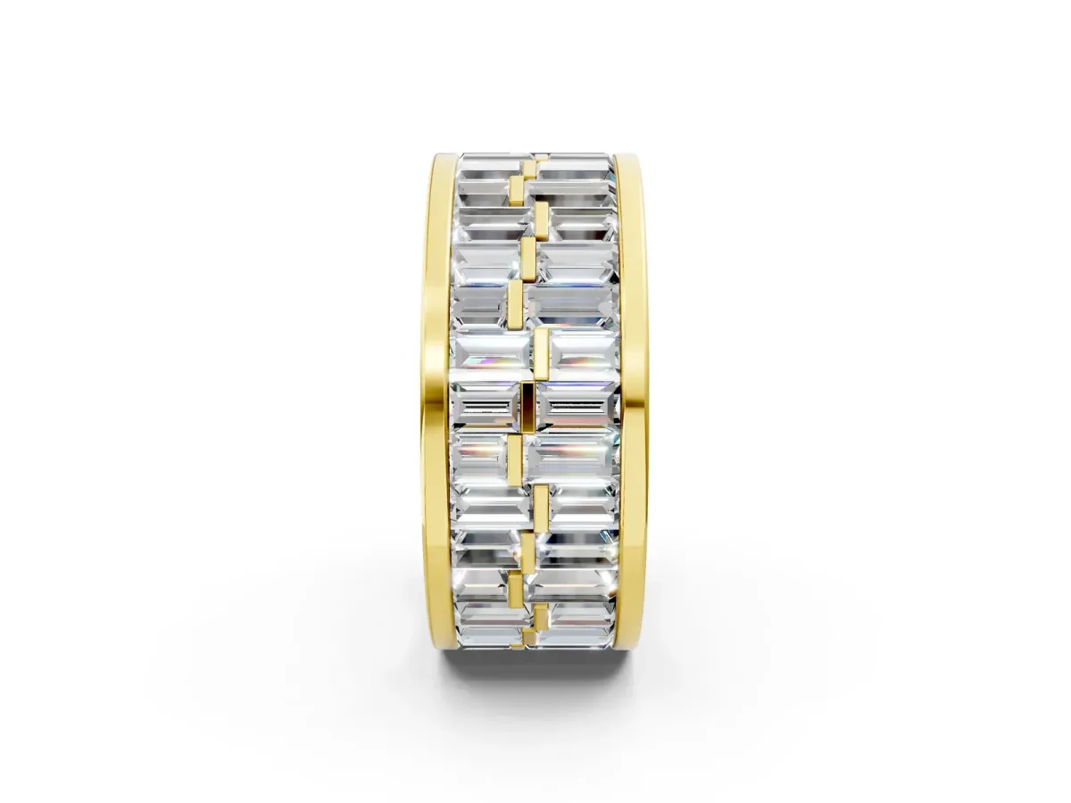 Baguette Diamond Staggered Two-Row Mens Band Yellow gold