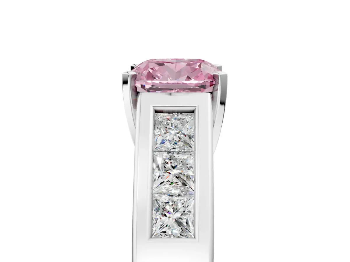Fancy Pink Cushion Cut Cut Channel Set Solitaire Ring with Four-Prong Setting Silver