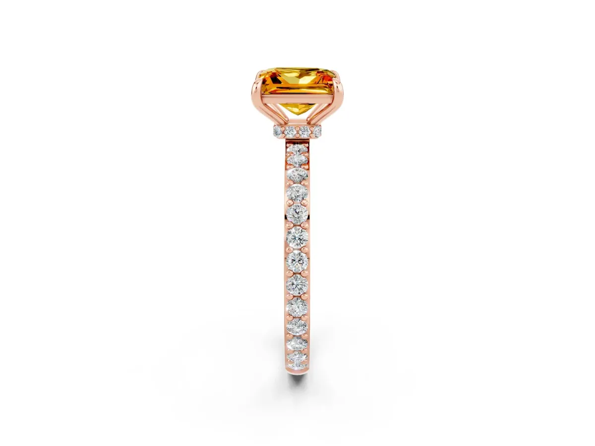Princess Cut Citrine Solitaire Engagement Ring with Pavé Band and Four-Prong Setting Rose gold