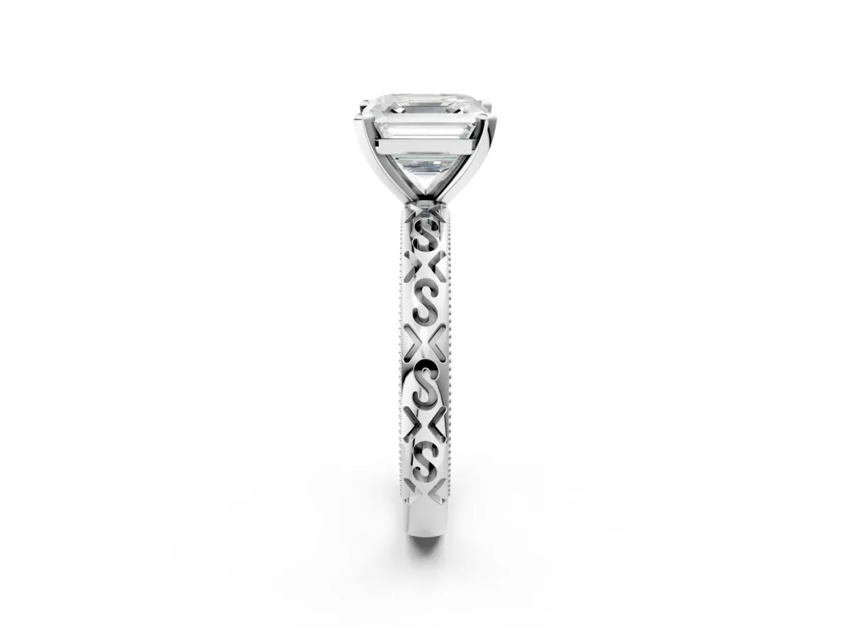 Asscher Cut Solitaire Engagement Ring with Scrollwork Band and Four-Prong Setting Platinum
