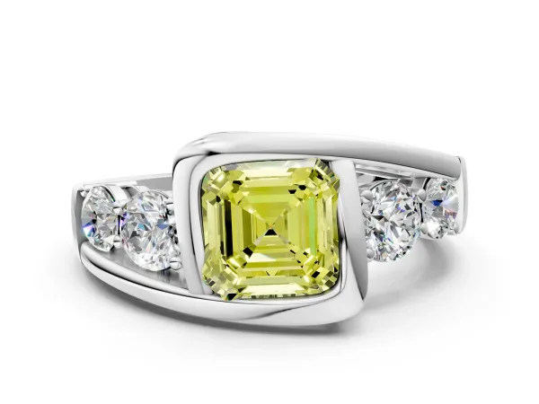 Fancy Yellow Bezel Set Asscher Cut Diamond Bypass Ring with Round Accents Platinum