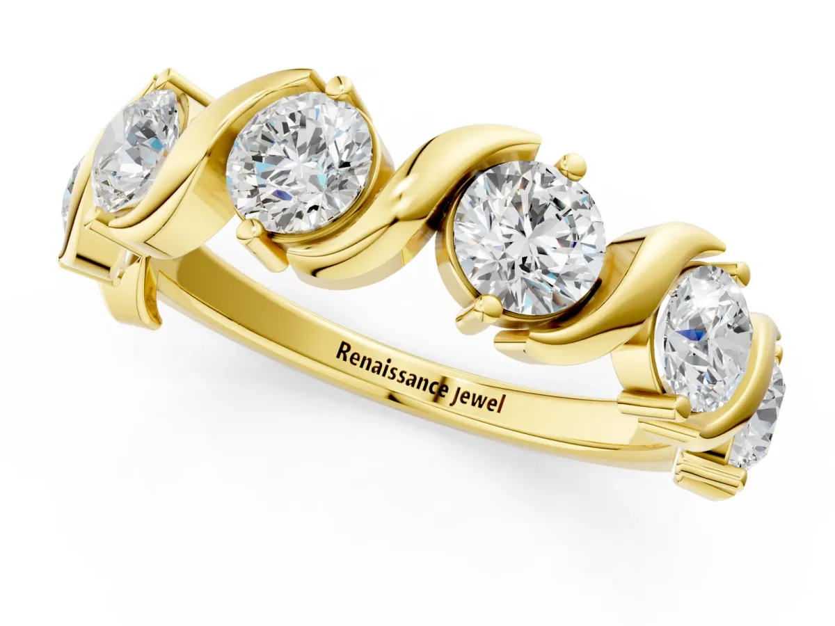 Six-Stone Round Diamond Wave Band with Shared Prong Setting Yellow gold