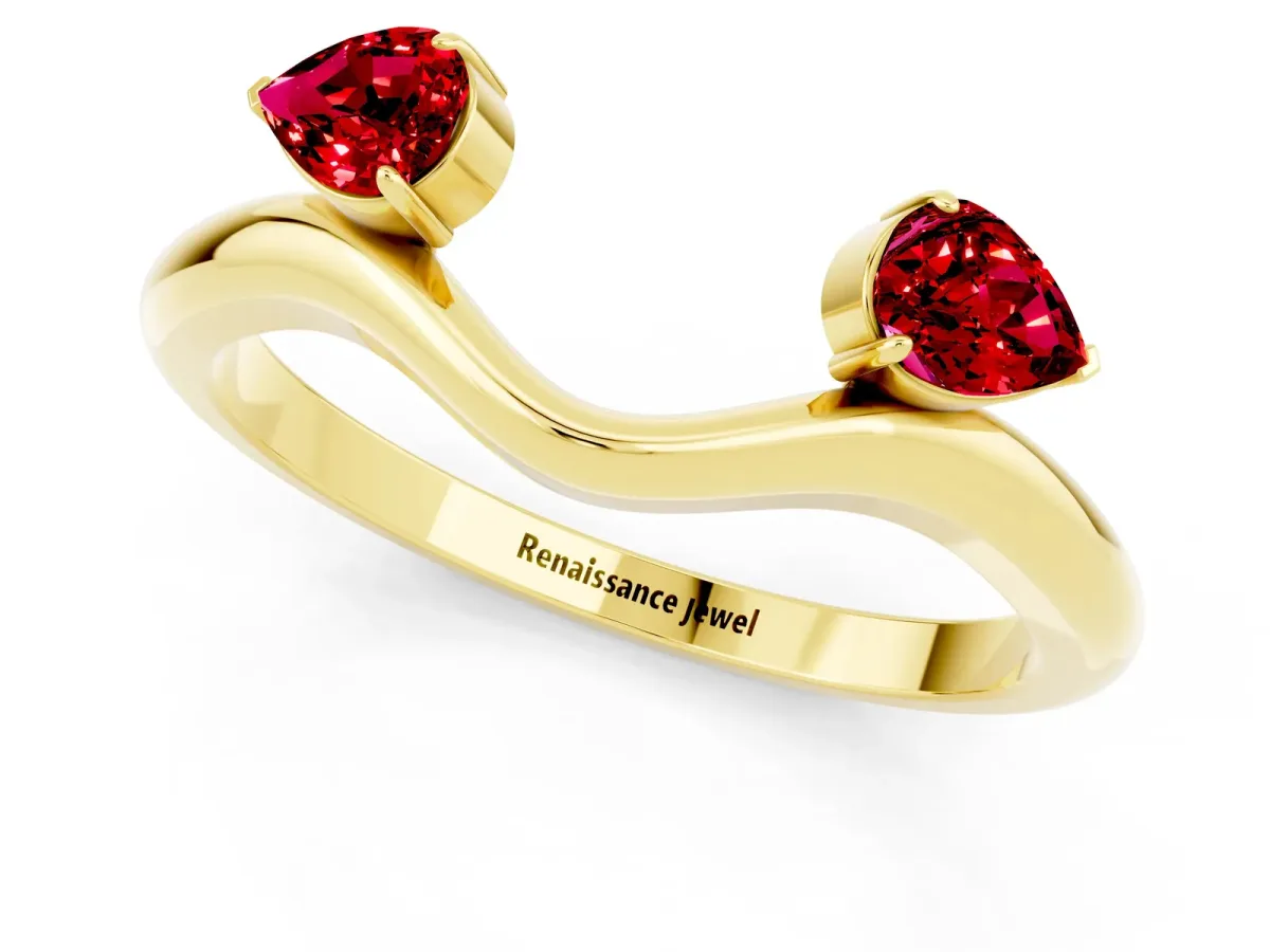 Pear Cut Ruby Two-Stone Open Band Ring with Prong Setting Yellow gold