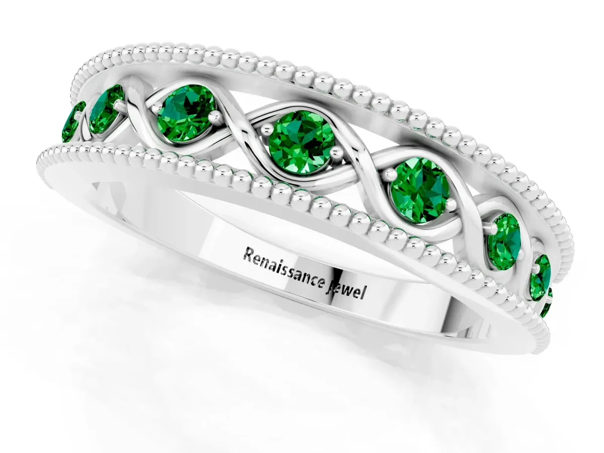 Round Emerald Twist Milgrain Band with Bezel Setting Silver