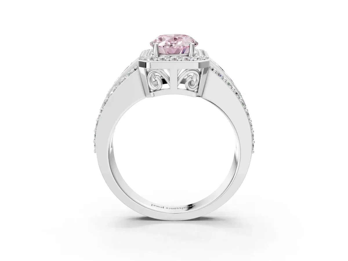 Fancy Pink Oval Cut Halo Diamond Ring with Round Split Shank and Prong Setting Silver