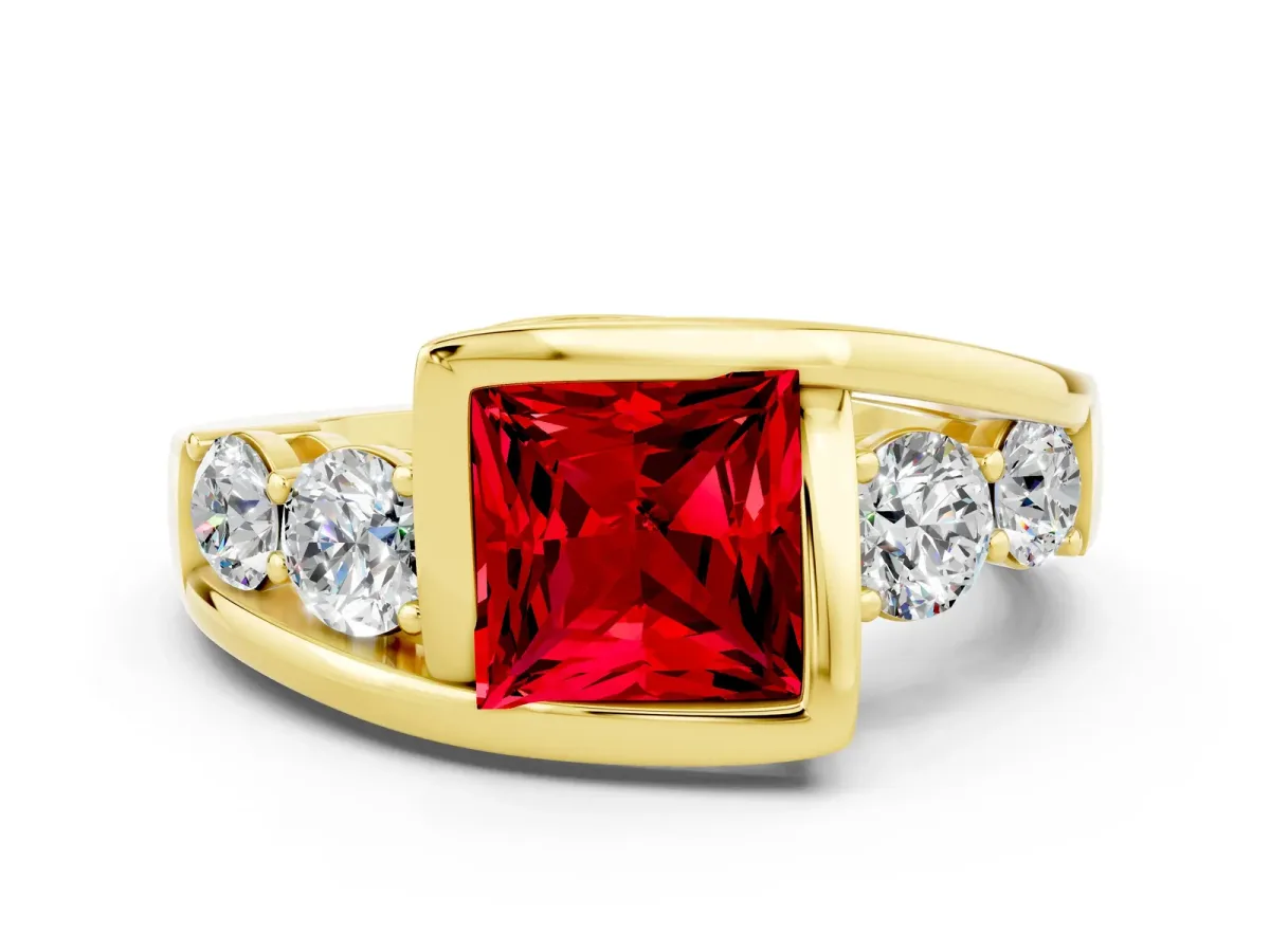 Bezel Set Princess Cut Ruby Bypass Ring with Round Accents Yellow gold