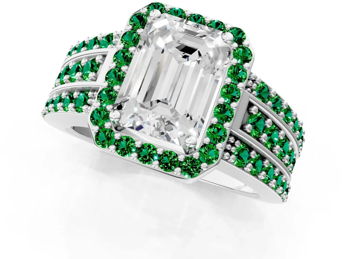 Emerald Cut Halo Diamond Ring with Round Emerald Split Shank and Prong Setting Platinum