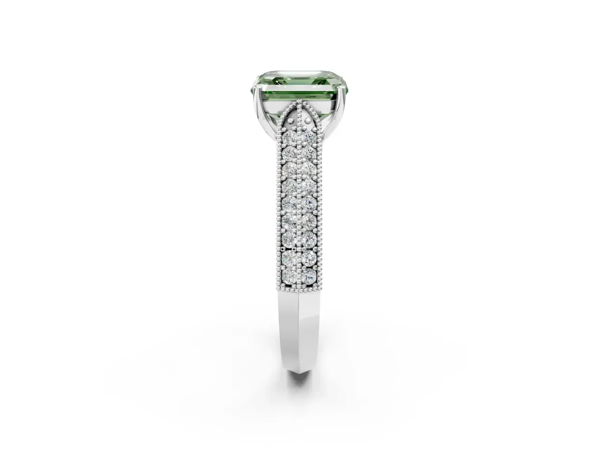 Fancy Green Asscher Cut Cut Pave Split Shank Engagement Ring with Four-Prong Setting Platinum