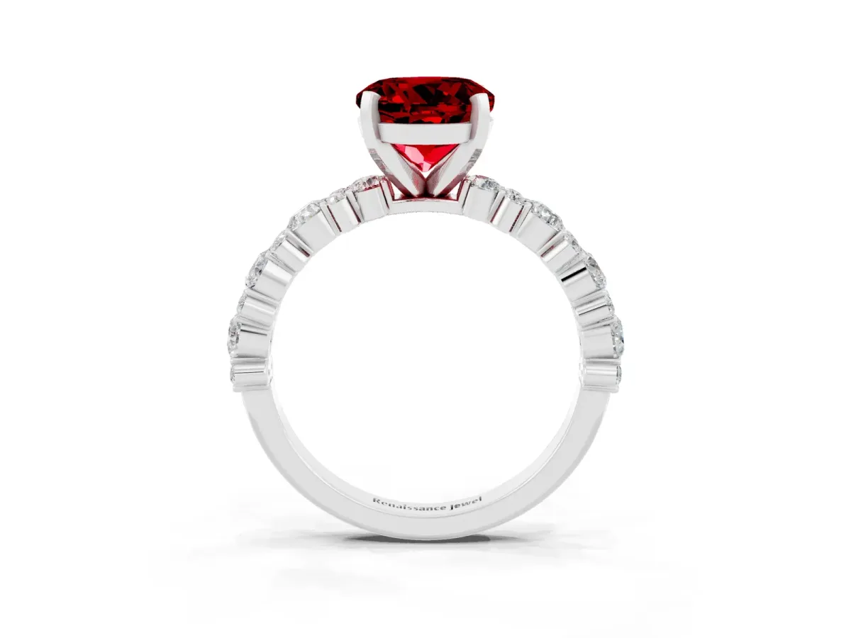 Round Cut Ruby Side Stone Solitaire Ring with Round and Four-Prong Setting Platinum