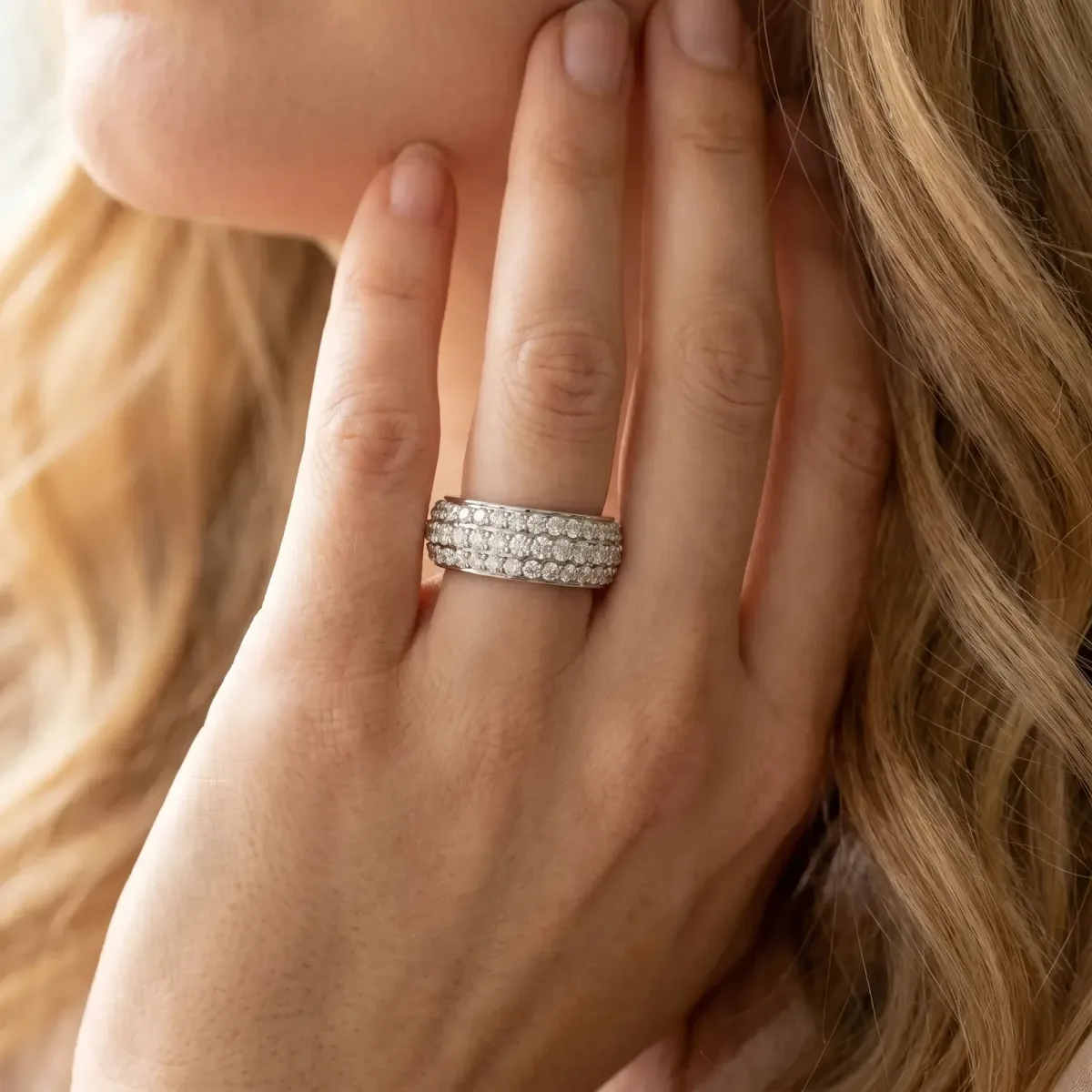 Three-Row Round Diamond Eternity Band with Shared Prong Setting Platinum