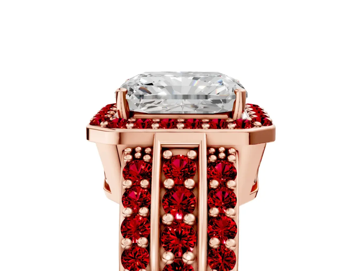 Radiant Cut Halo Diamond Ring with Round Ruby Split Shank and Prong Setting Rose gold