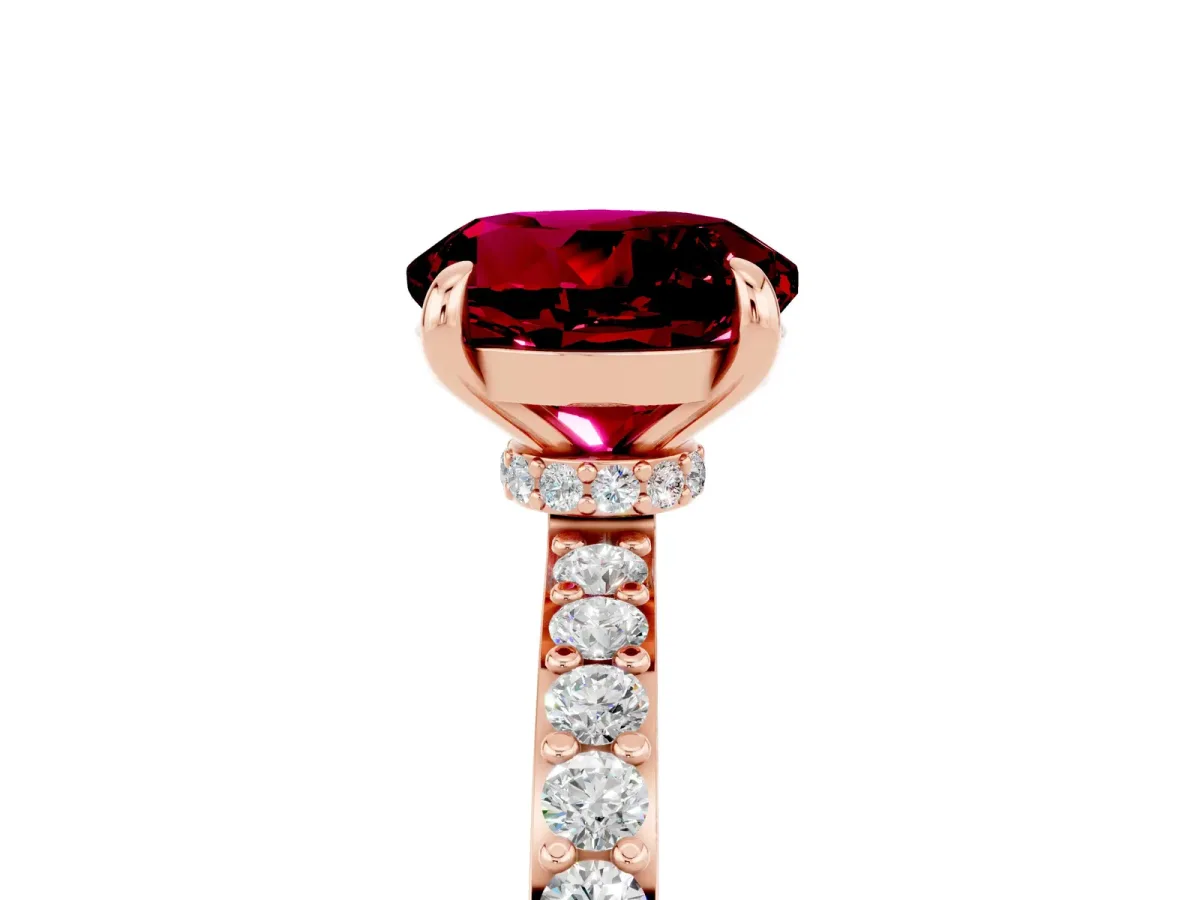 Round Cut Garnet Solitaire Engagement Ring with Pavé Band and Four-Prong Setting Rose gold