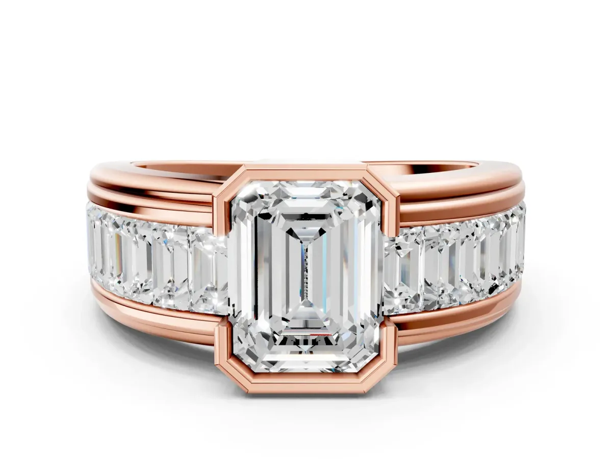 Emerald Cut Diamond Side Stone Engagement Ring Rose gold
