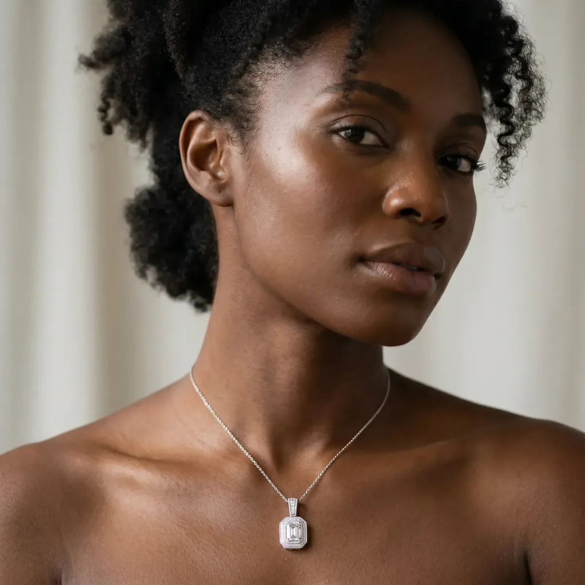 Emerald Cut Halo Diamond Pendant with Pavé Setting White gold
