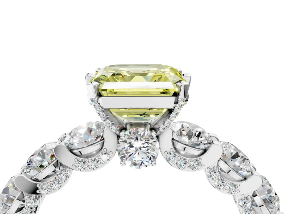 Fancy Yellow Asscher Cut Diamond Side Stone Engagement Ring with Four-Prong Setting White gold