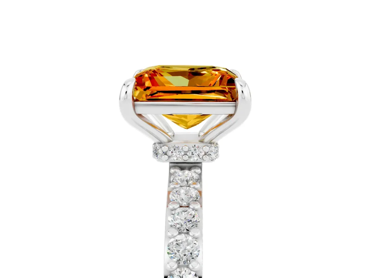 Princess Cut Citrine Solitaire Engagement Ring with Pavé Band and Four-Prong Setting White gold