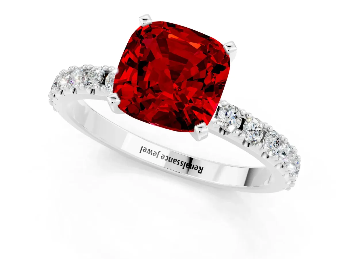Cushion Cut Ruby Solitaire Pavé Band with Four-Prong Setting Platinum