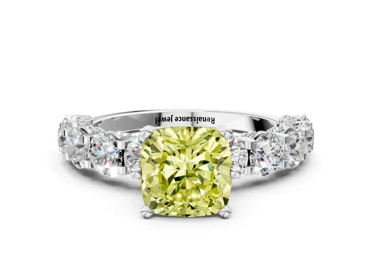 Fancy Yellow Cushion Cut Diamond Side Stone Engagement Ring with Four-Prong Setting White gold