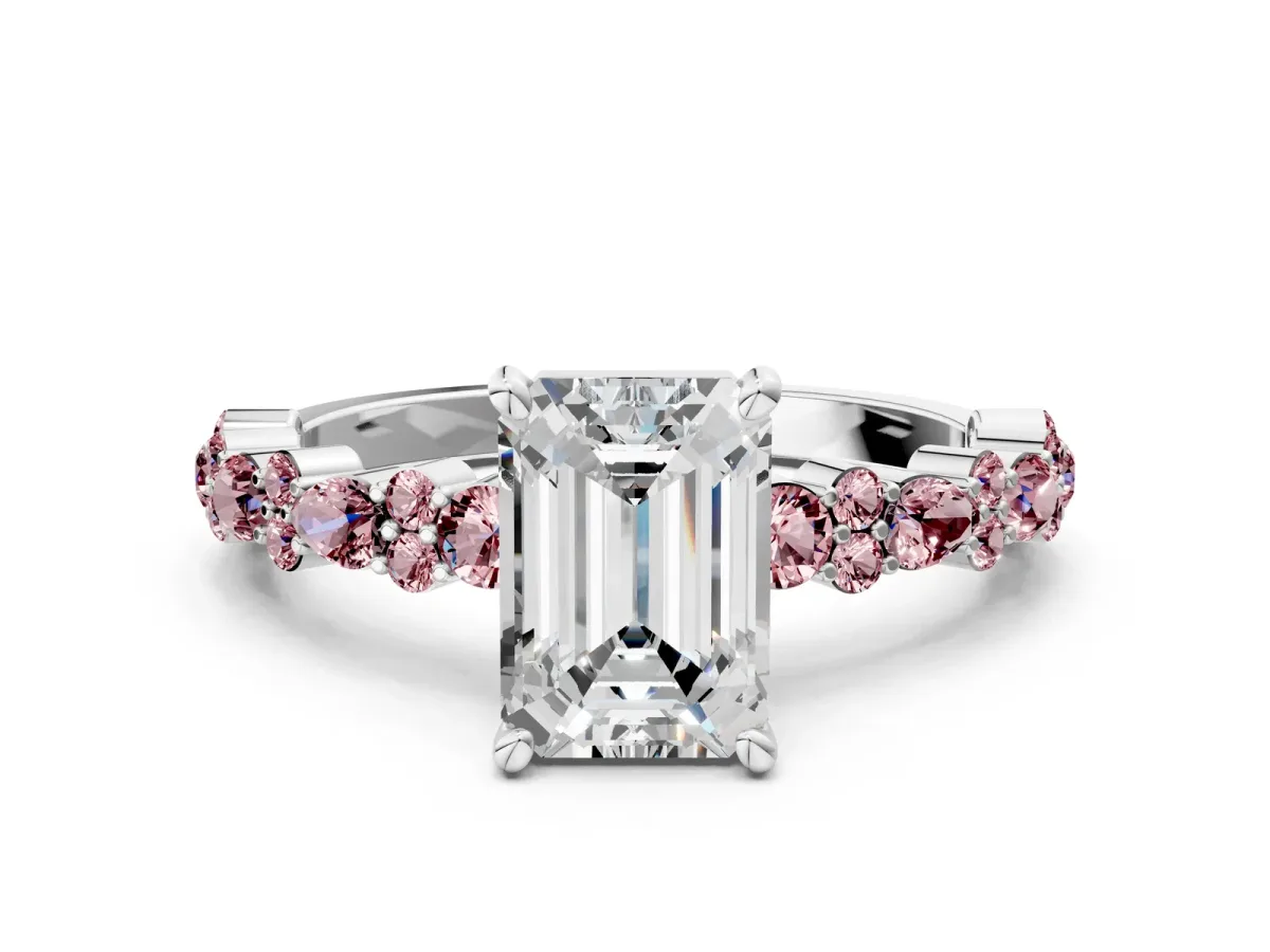 Emerald Cut Diamond Side Stone Solitaire Ring with Round Morganite and Four-Prong Setting Silver
