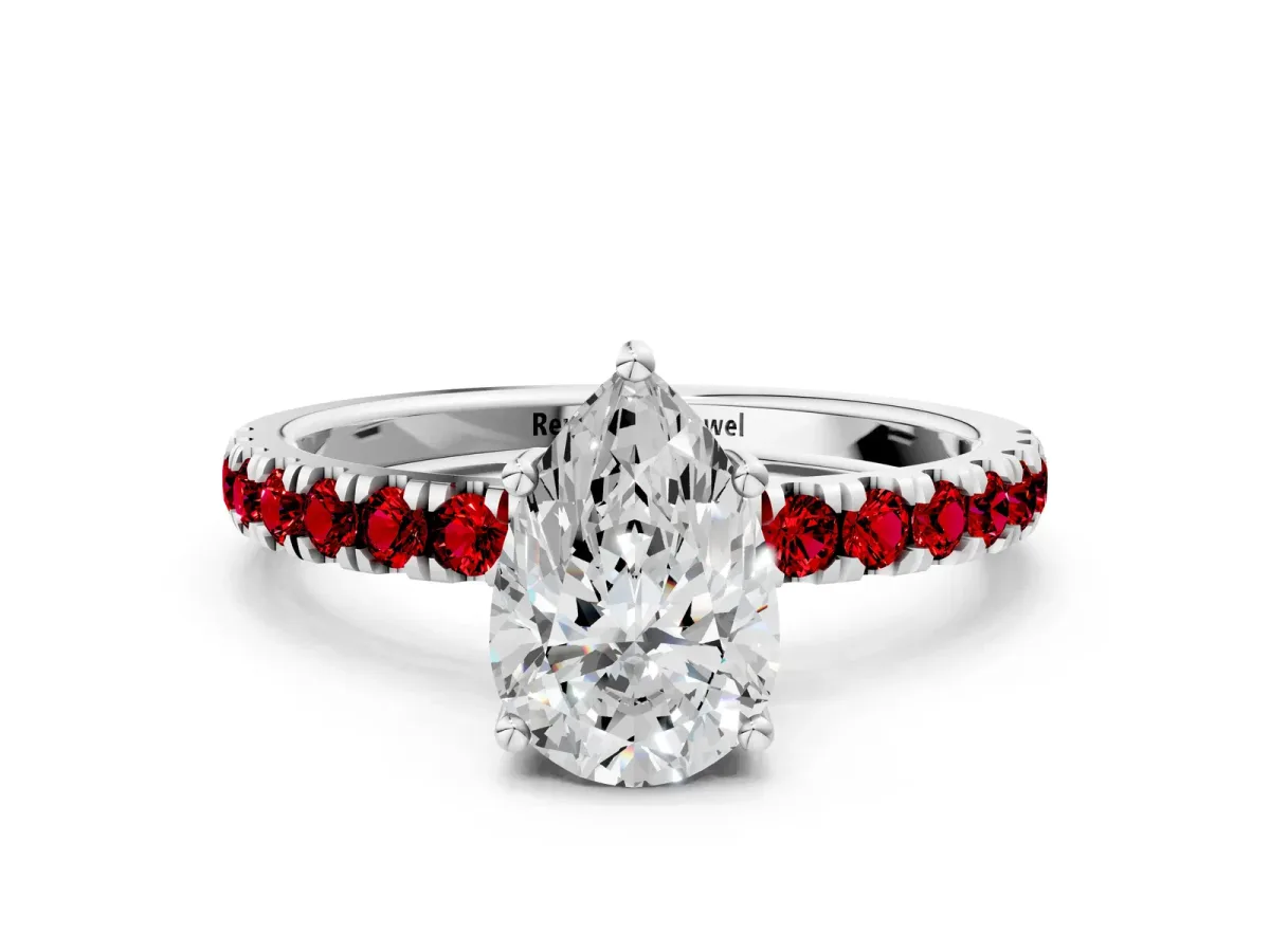 Pear Cut Diamond Pave Band Solitaire Ring with Round Ruby and Prong Setting Platinum