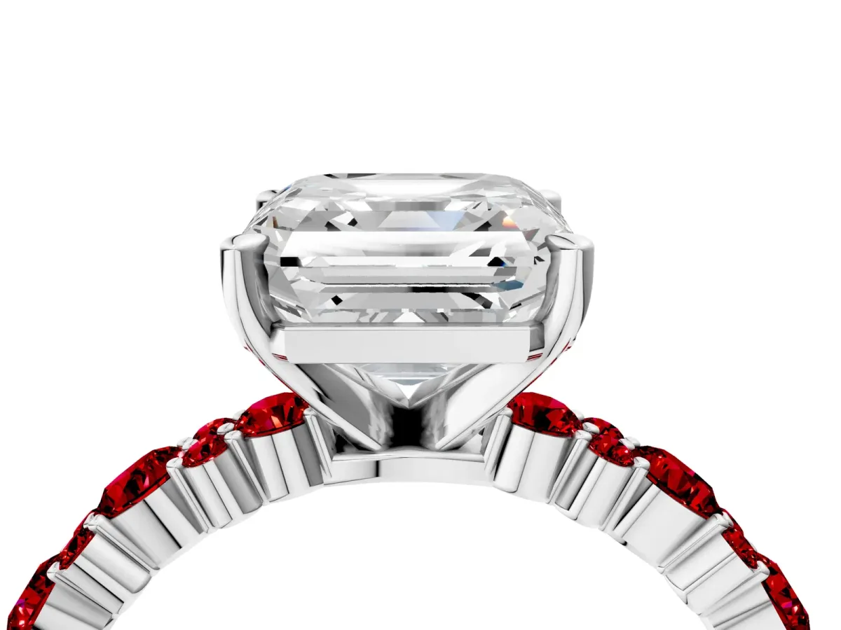 Asscher Cut Diamond Side Stone Solitaire Ring with Round Ruby and Four-Prong Setting Platinum