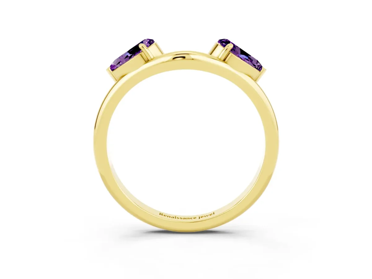 Two-Stone Pear Amethyst Bypass Ring with Prong Setting Yellow gold