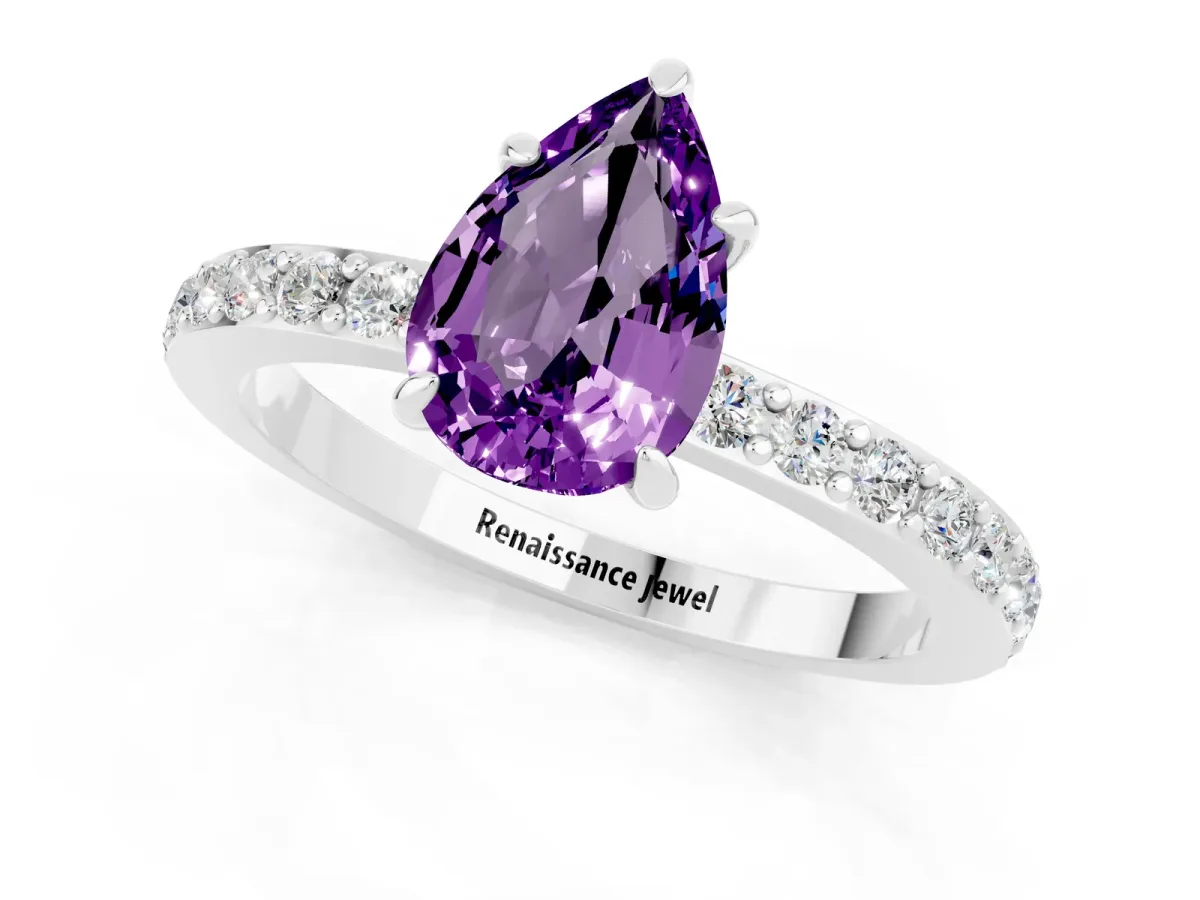 Pear Cut Amethyst Solitaire Engagement Ring with Pavé Band and Four-Prong Setting White gold