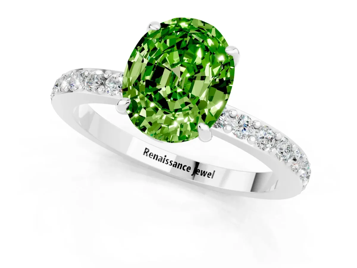 Oval Cut Peridot Solitaire Engagement Ring with Pavé Band and Four-Prong Setting Platinum