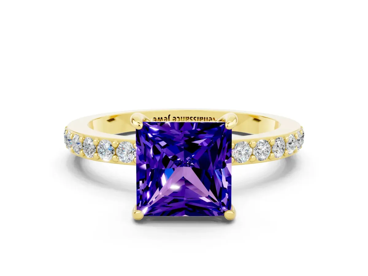 Princess Cut Tanzanite Solitaire Engagement Ring with Pavé Band and Four-Prong Setting Yellow gold