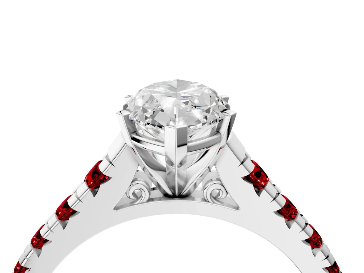 Marquise Cut Diamond Cathedral Solitaire Ring with Round Ruby Pavé Band Silver