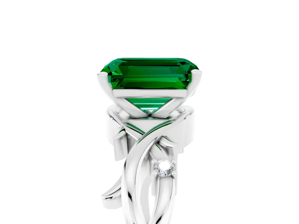 Emerald Cut Emerald Solitaire Ring with Twisted Band and Prong Setting Silver