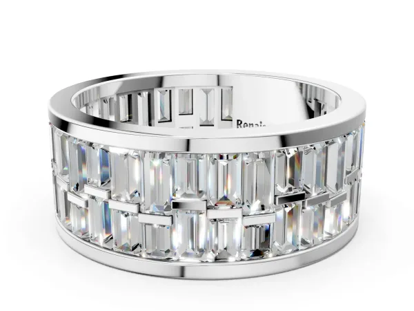 Baguette Diamond Staggered Two-Row Mens Band Silver