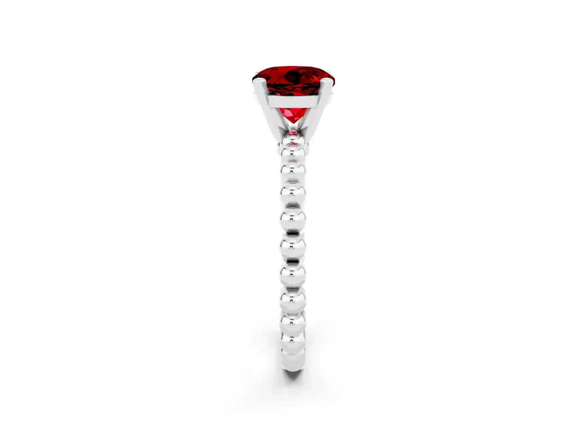 Round Cut Ruby Solitaire Ring with Beaded Band and Prong Setting White gold